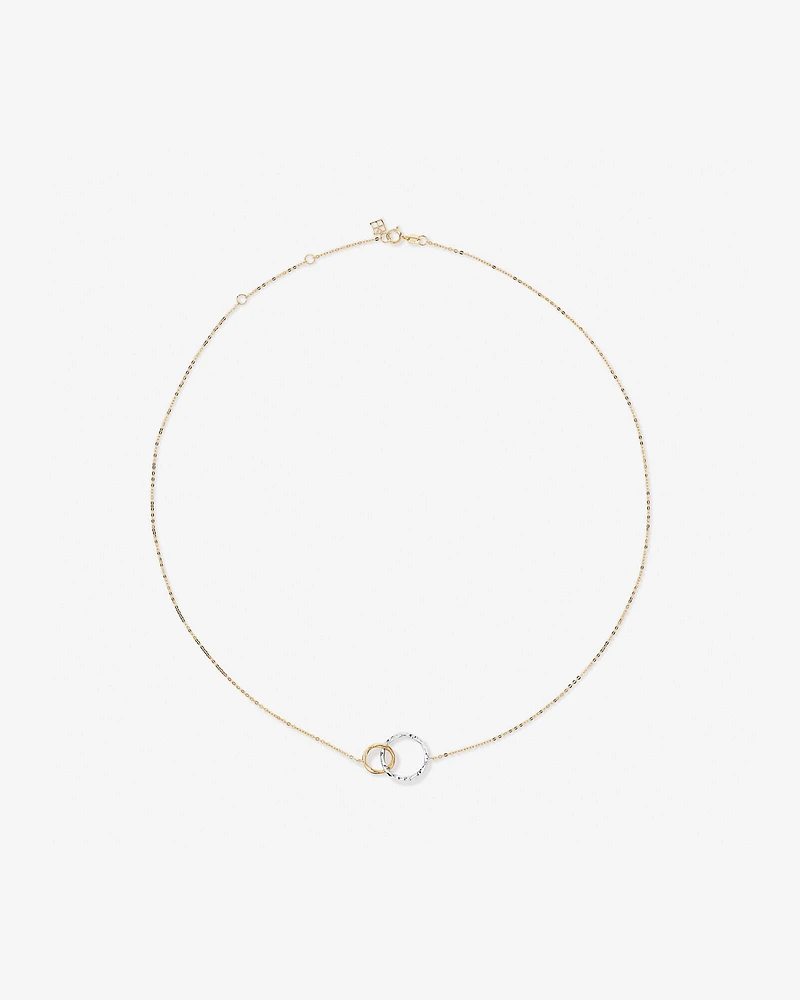 Two-Tone Double Circle Link Hammered Finish Necklace in 10kt White & Yellow Gold