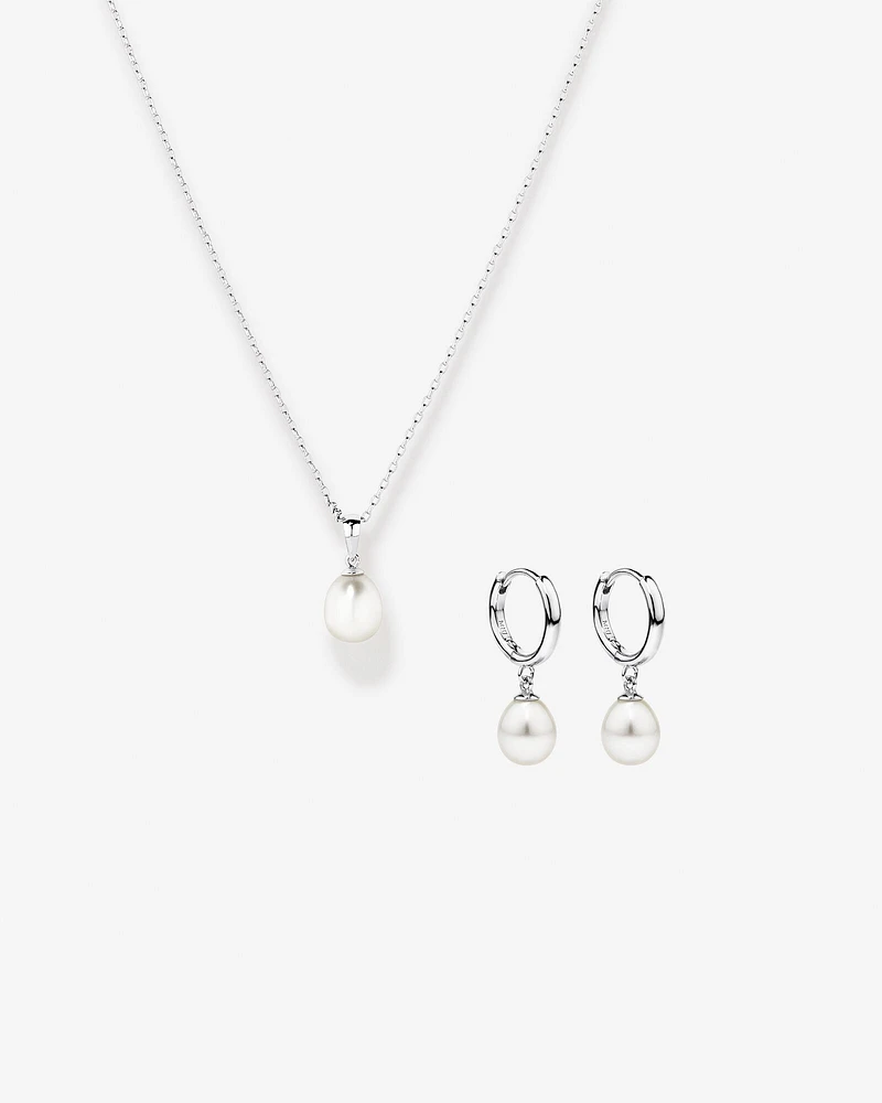 Cultured Freshwater Pearl Drop Huggie Hoop Earrings and Pendant Necklace Set in Sterling Silver