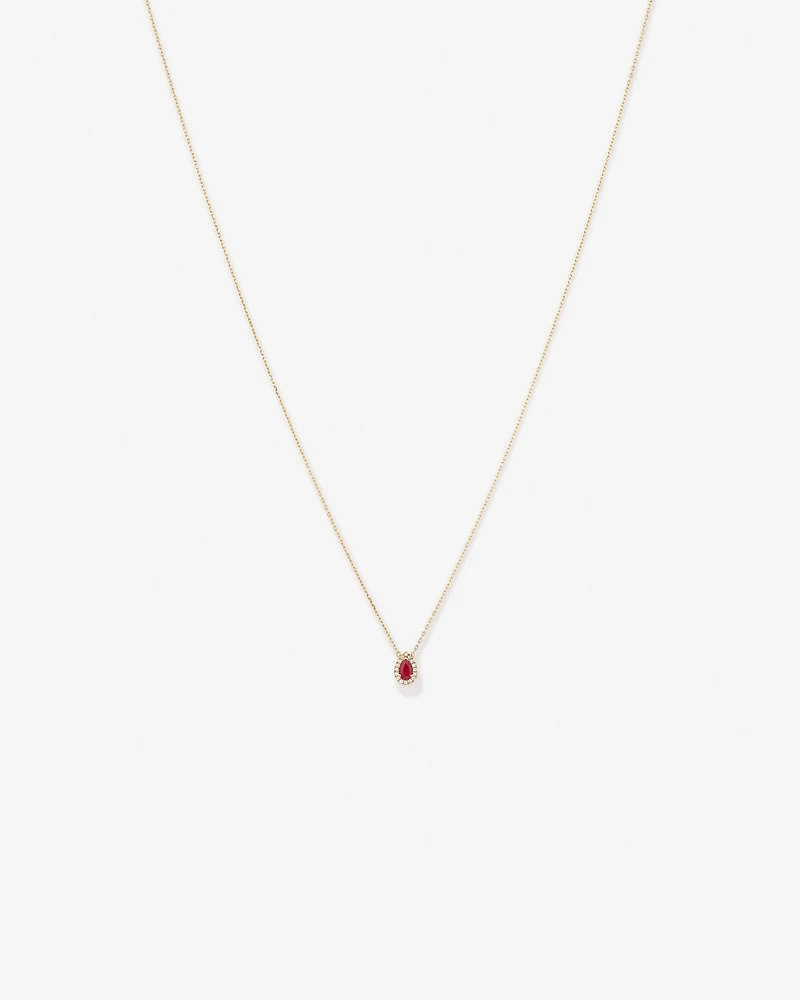 Pear Cut Red Ruby Gemstone and 0.05 Carat TW Diamond Halo Necklace in 10kt Yellow Gold