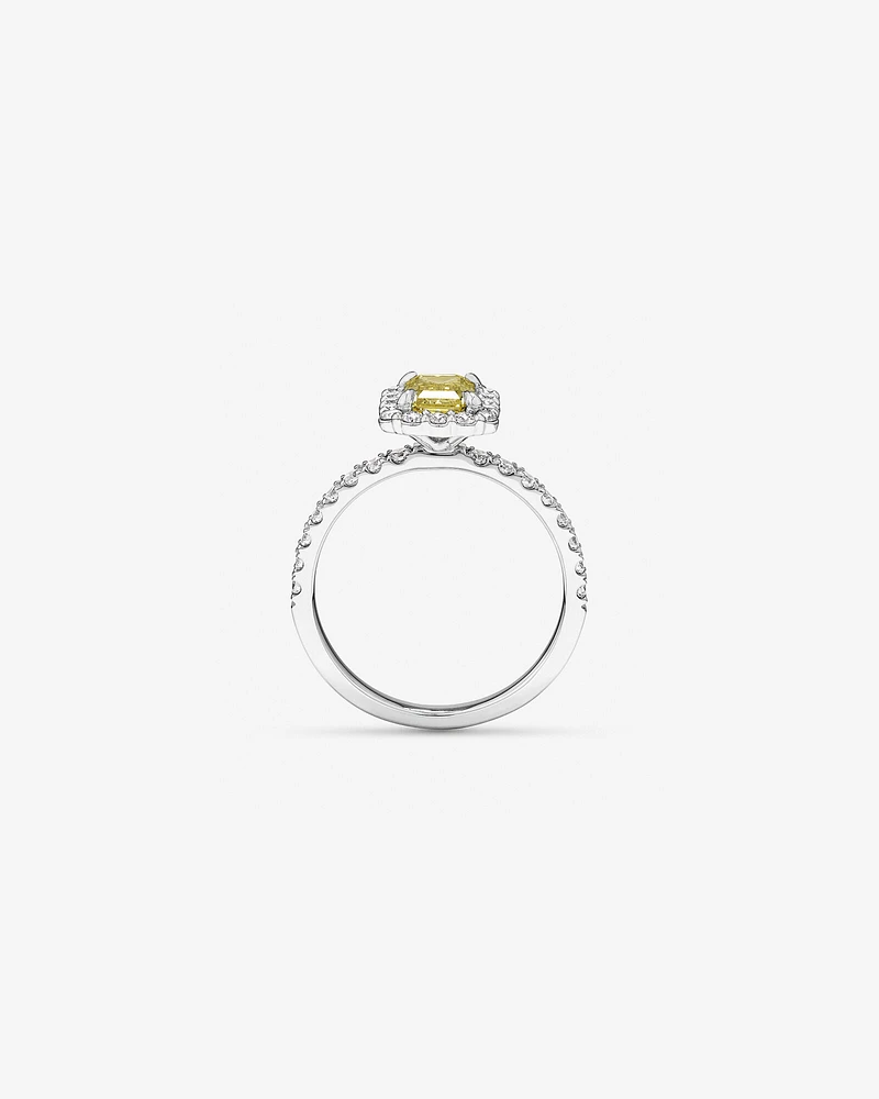 1.58 Carat TW Yellow Emerald Cut Laboratory-Grown Diamond Halo Engagement Ring in 14kt White Gold