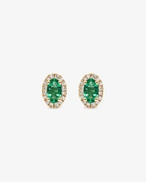 Oval Cut Green Emerald Gemstone and 0.09 Carat TW Diamond Halo Stud Earrings in 10kt Yellow Gold