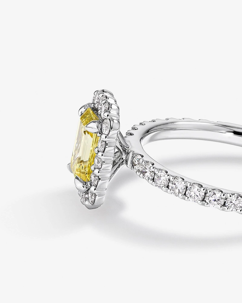 1.58 Carat TW Yellow Emerald Cut Laboratory-Grown Diamond Halo Engagement Ring in 14kt White Gold