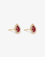 Pear Cut Red Ruby Gemstone and 0.09 Carat TW Diamond Halo Stud Earrings in 10kt Yellow Gold