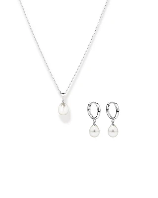 Cultured Freshwater Pearl Drop Huggie Hoop Earrings and Pendant Necklace Set in Sterling Silver