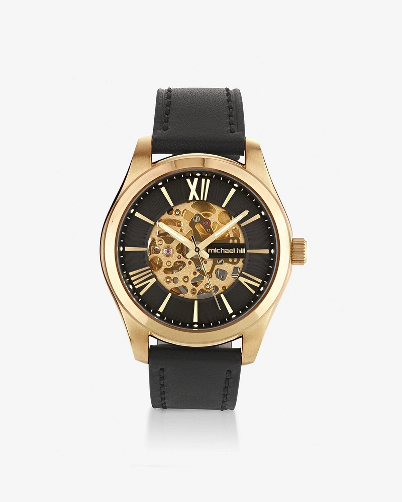 Michael Hill Automatic Skeleton Watch In Gold Tone Stainless Steel And Leather