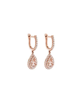 Pear Cut Morganite Gemstone and 0.40 Carat TW Diamond Halo Huggie Drop Earrings in 10kt Rose Gold