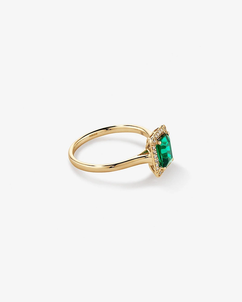 Emerald Cut Created Emerald and Diamond Halo Ring in 10kt Yellow Gold