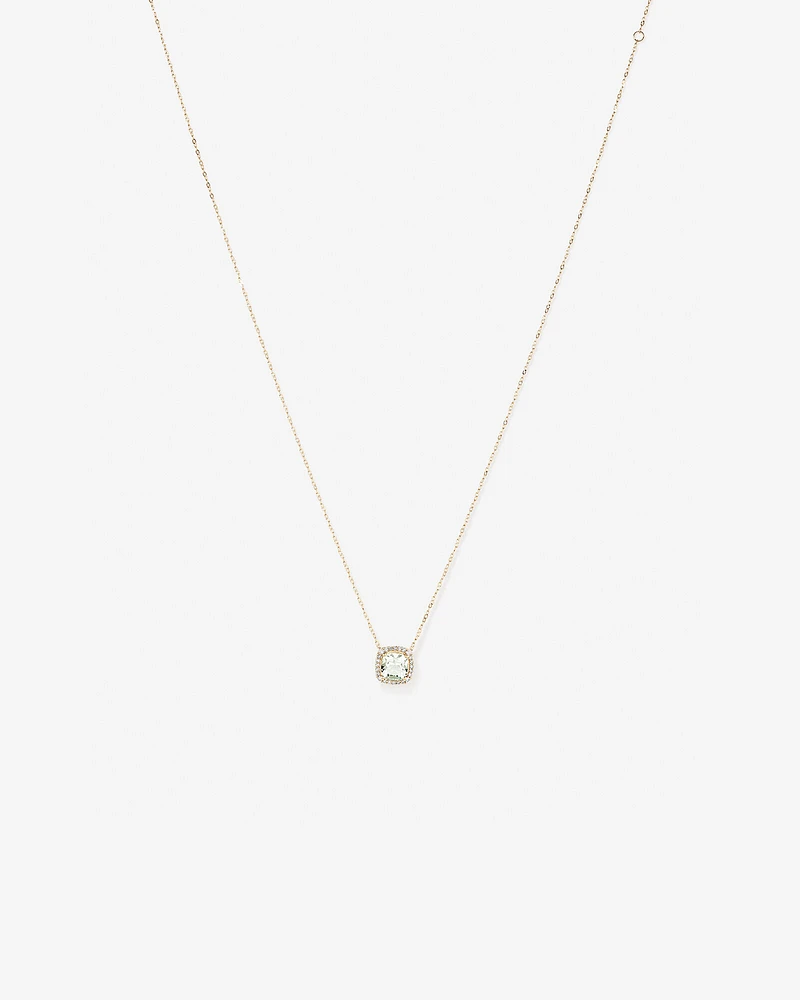 Cushion Cut Green Amethyst Gemstone and 0.15 Carat TW Diamond Halo Pendant Necklace in 10kt Yellow Gold