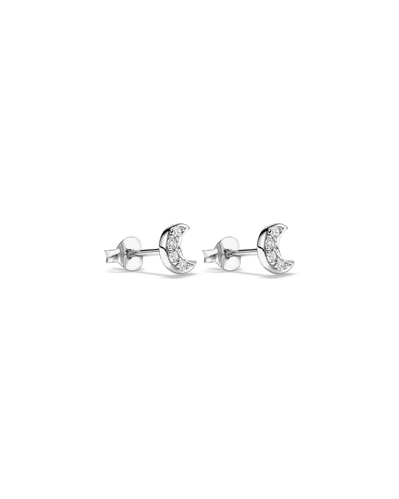 Crescent Moon Stud Earrings with Cubic Zirconia in Sterling Silver