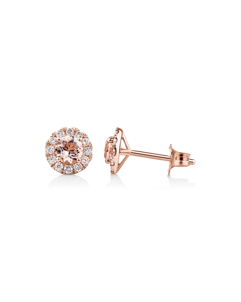 Halo Stud Earrings with Morganite & 0.28 Carat TW of Diamonds in 10kt Rose Gold