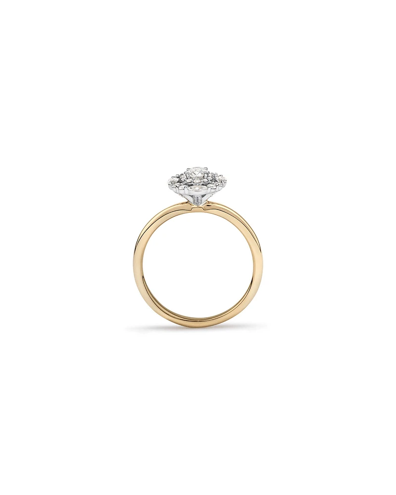 0.61 Carat TW Oval Cut Diamond Marquise and Round Brilliant Halo Engagement Ring in 14kt Yellow and White Gold