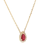 Pear Cut Red Ruby Gemstone and 0.05 Carat TW Diamond Halo Necklace in 10kt Yellow Gold