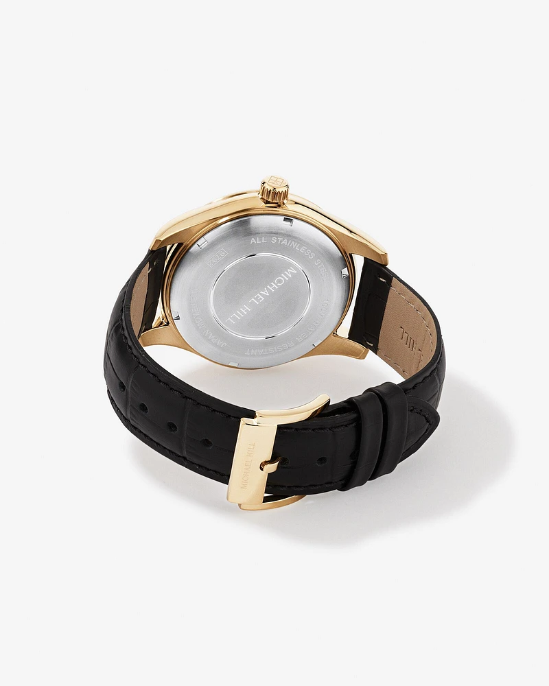 Men's Watch in Stainless Steel, Gold Tone & Black Leather