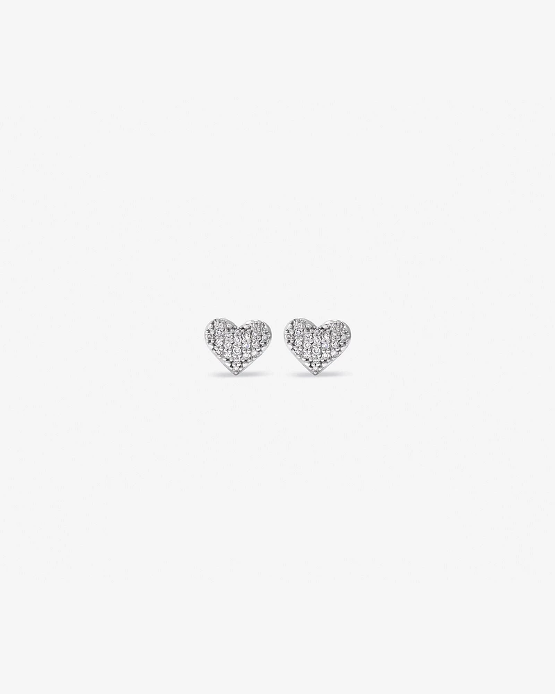 Fine Pave Diamond Heart Stud Earrings in Sterling Silver