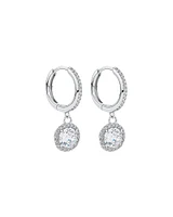 Round Brilliant Cubic Zirconia Halo Drop Hoop Earrings in Sterling Silver