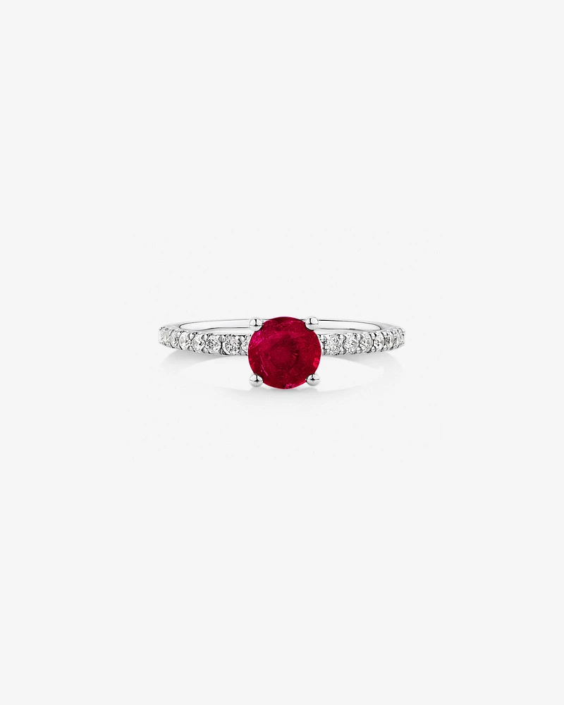 Solitaire Ruby Ring with 0.25 Carat TW of Diamonds in 10kt White Gold