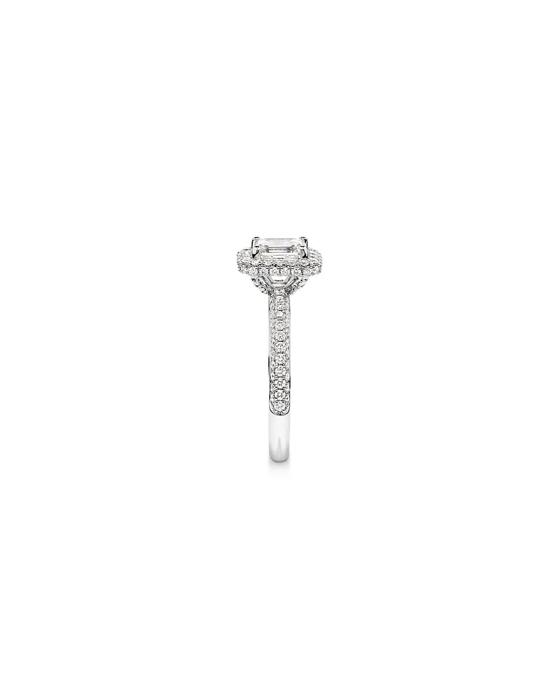 1.65 Carat TW Emerald Cut Diamond Pave Halo Engagement Ring in Platinum