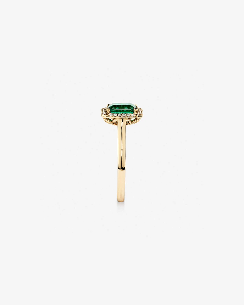 Emerald Cut Created Emerald and Diamond Halo Ring in 10kt Yellow Gold