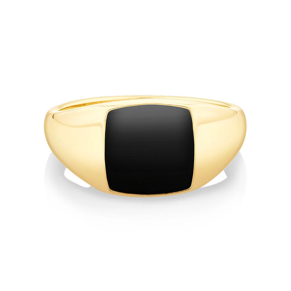 Bague pour hommes avec onyx en forme de coussin en or jaune 10kt