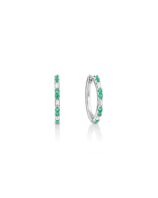 Emerald & Diamond Dot Dash Hoop Earrings with 0.14 Carat TW in 10kt White Gold