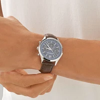 Montre chronographe en acier inoxydable et en cuir brun pour homme