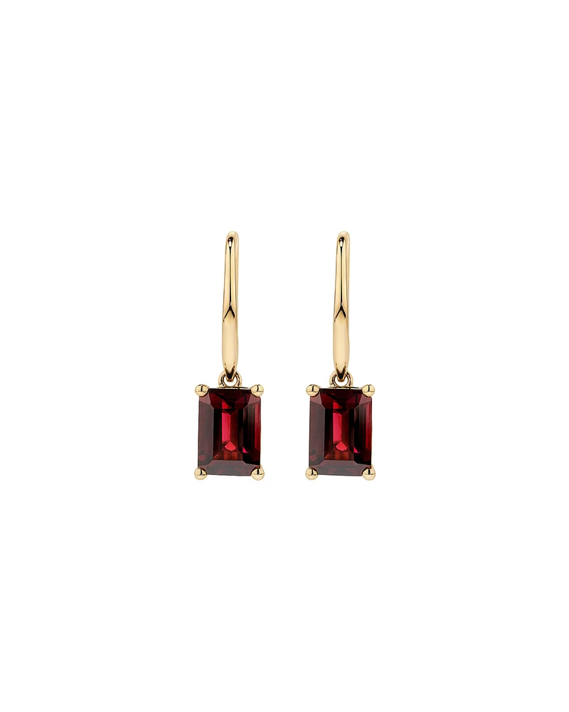 Emerald Cut Red Garnet Gemstone Drop Earrings in 10kt Yellow Gold