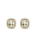 Cushion Cut Green Amethyst Gemstone and 0.32 Carat TW Diamond Halo Stud Earrings in 10kt Yellow Gold