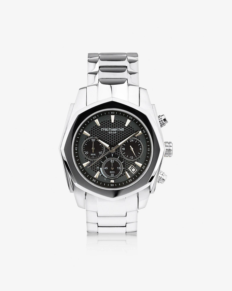 Montre chronographe solaire en acier inoxydable pour homme