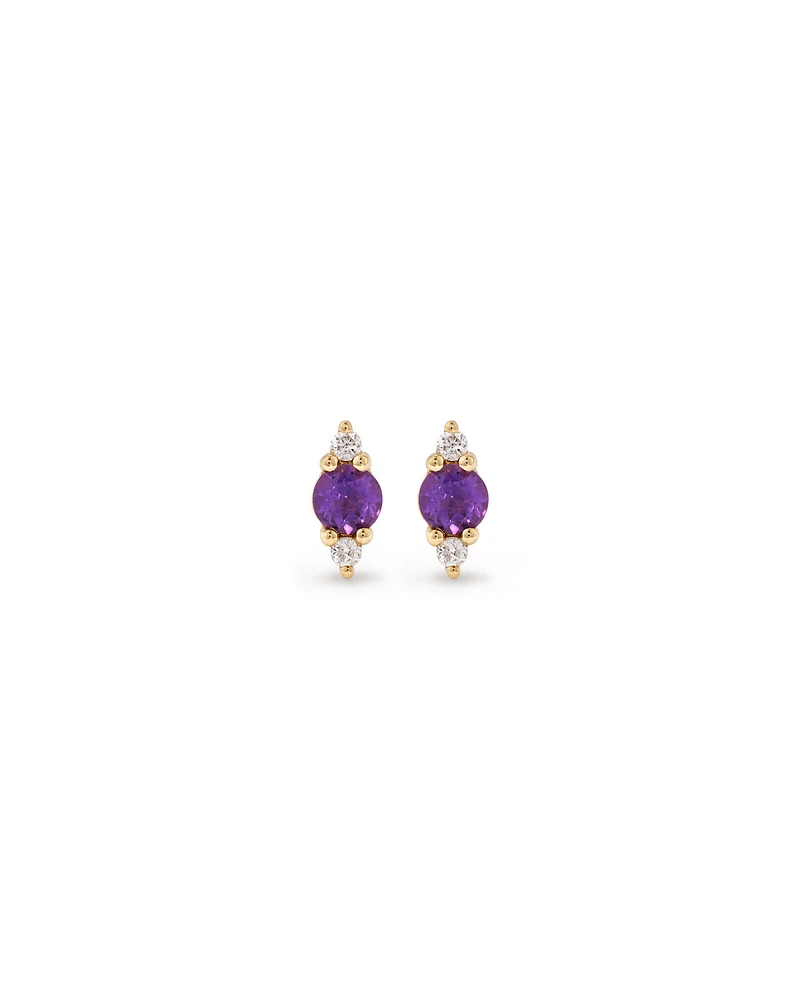 3 Stone Amethyst and Diamond Stud Earrings in 10kt Yellow Gold