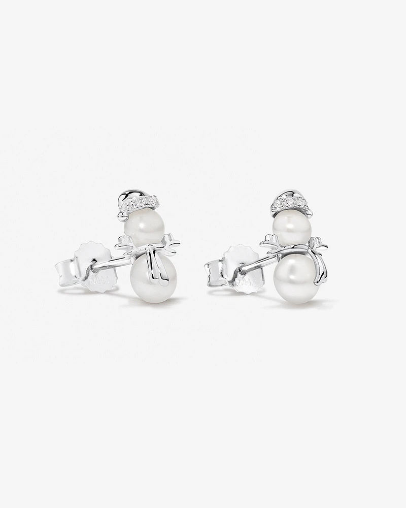 Pearl and Cubic Zirconia Snowman Stud Earrings in Sterling Silver