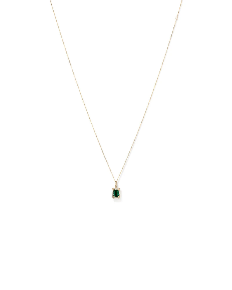 Emerald Cut Created Emerald and Diamond Halo Pendant Necklace in 10kt Yellow Gold