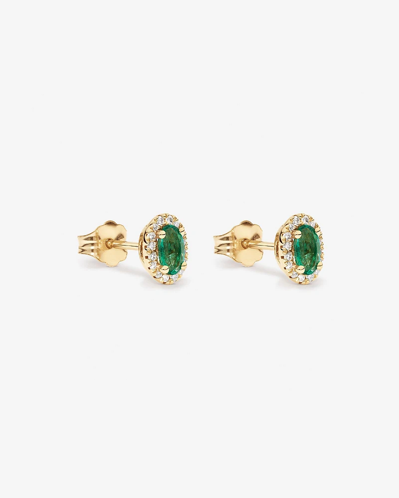 Oval Cut Green Emerald Gemstone and 0.09 Carat TW Diamond Halo Stud Earrings in 10kt Yellow Gold