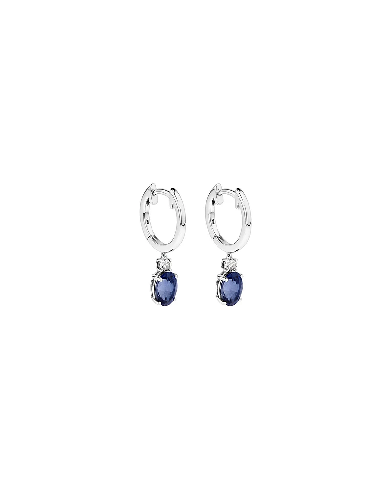 Oval Cut Blue Created Ceylon Sapphire Gemstone and Diamond Drop Huggie Earrings in Sterling Silver