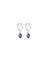 Oval Cut Blue Created Ceylon Sapphire Gemstone and Diamond Drop Huggie Earrings in Sterling Silver