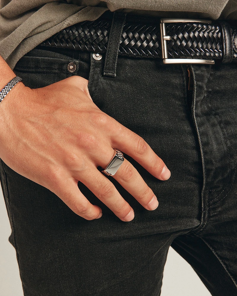 Men's Link Pattern Textured Signet Ring in Sterling Silver