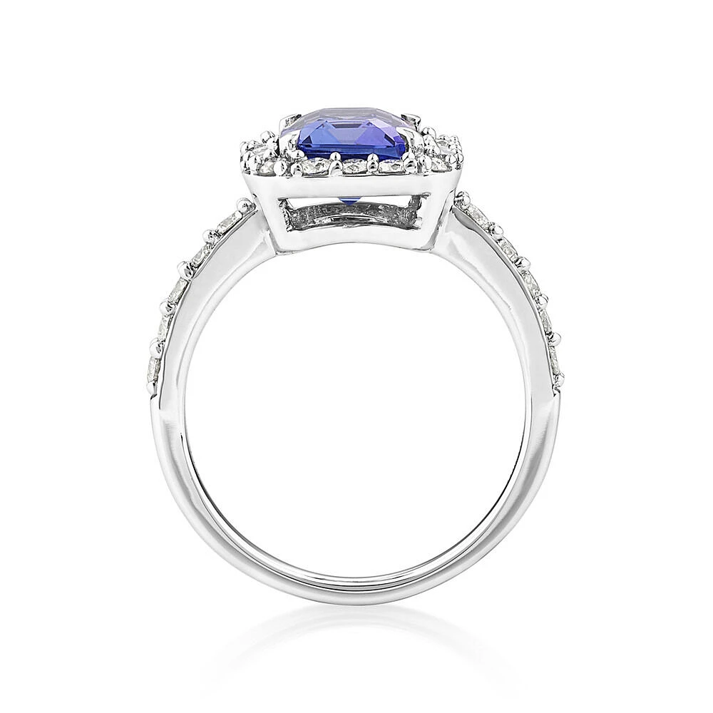 Halo Ring with Tanzanite & 0.75 Carat TW of Diamonds in 14kt White Gold