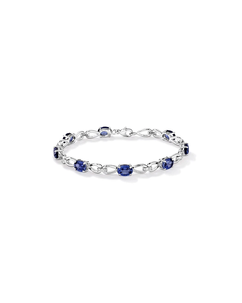 Bracelet en argent sterling avec pierre précieuse en saphir bleu de synthèse taille ovale et diamants