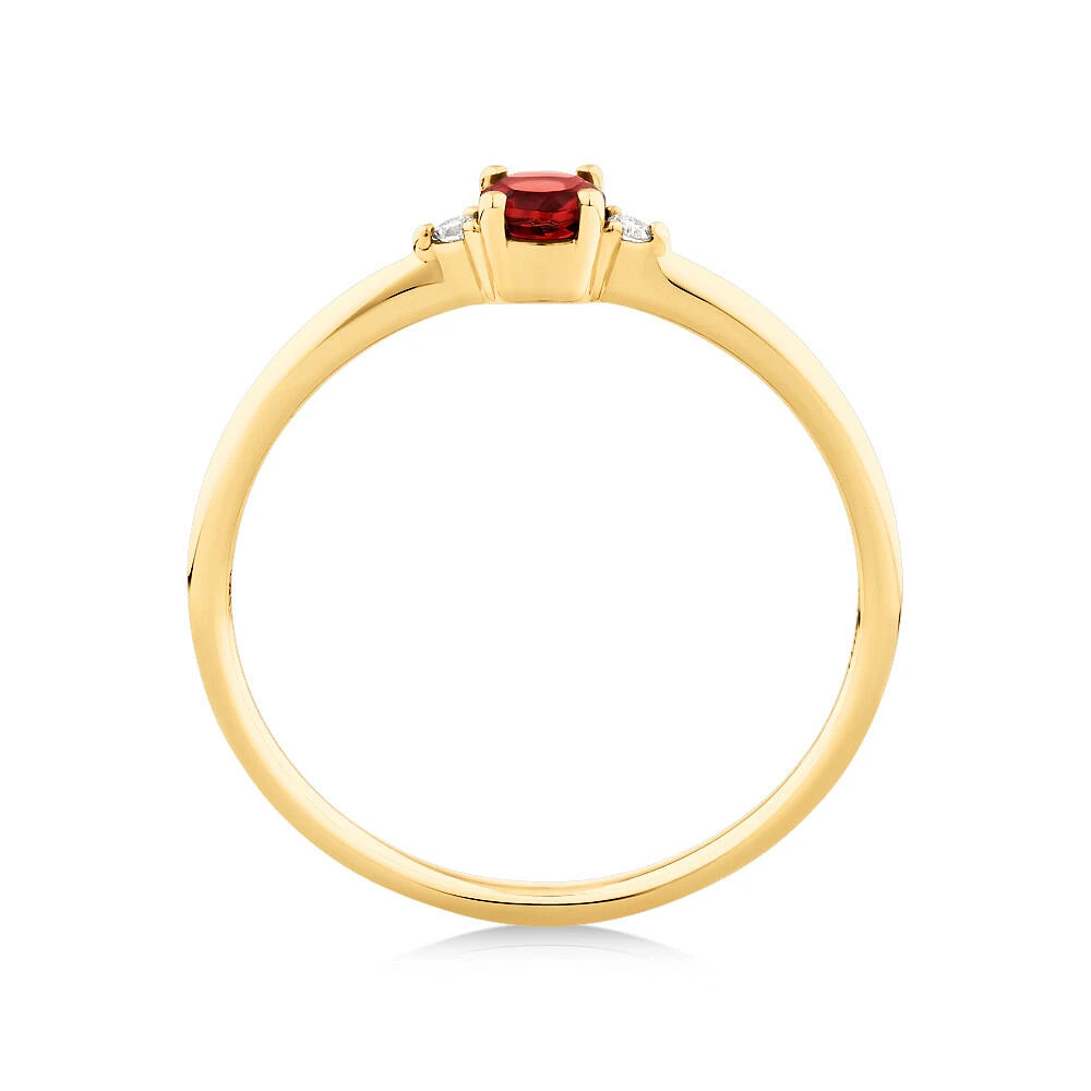 3 Stone Ring with Garnet & Diamonds in 10kt Yellow Gold