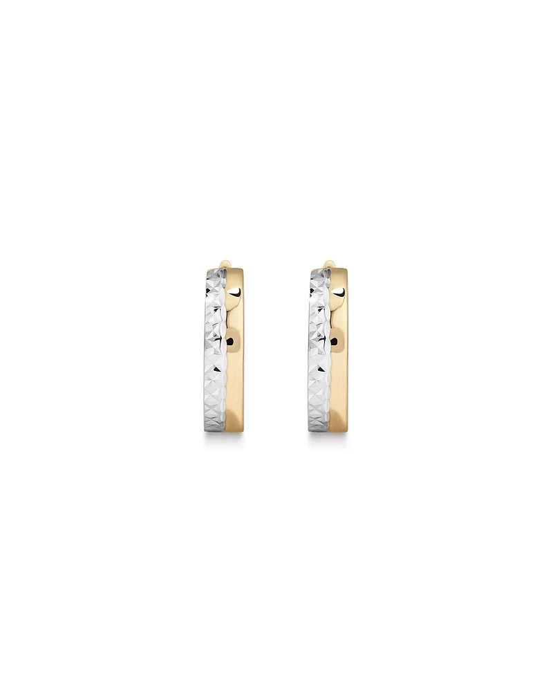 Boucles d'Oreilles Huggie Hoop Polies et Diamantées 9.6mm en Or Jaune et Blanc 10kt