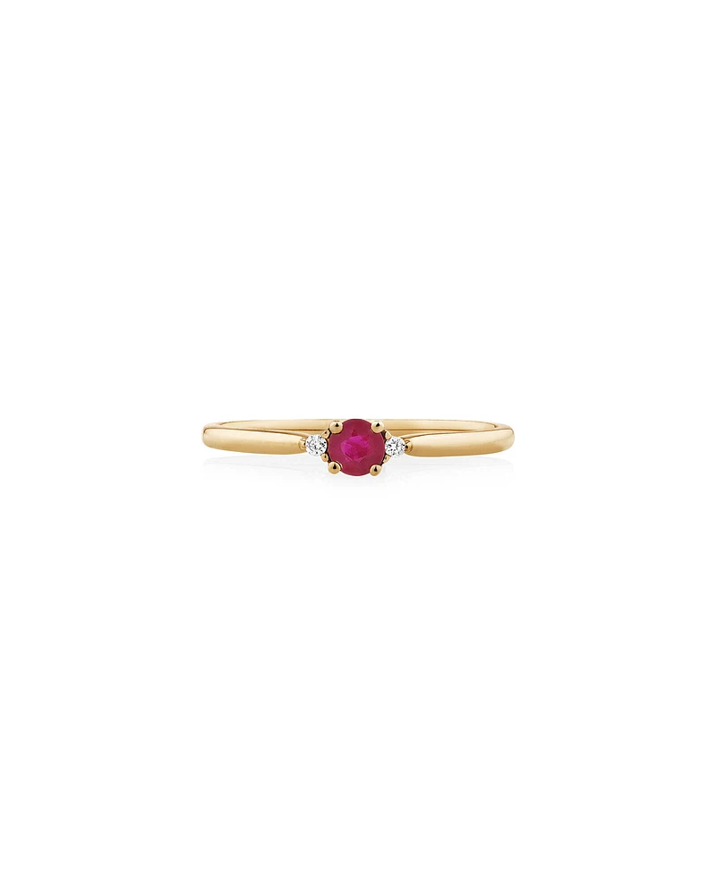 3 Stone Ring with Ruby & Diamonds 10kt Yellow Gold