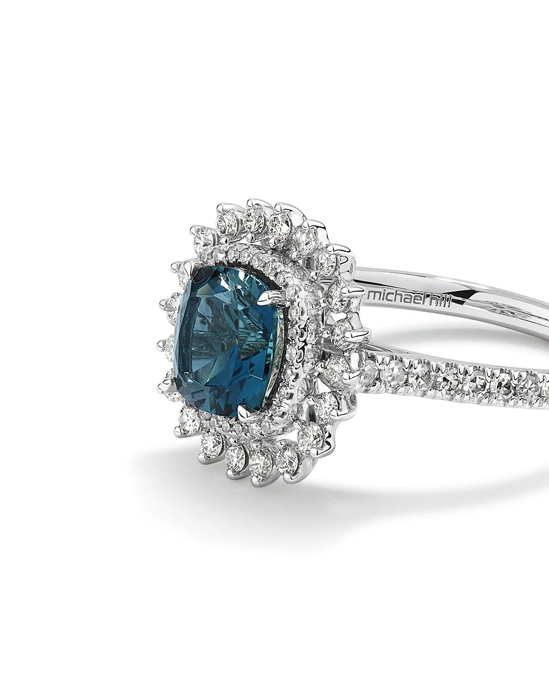 London Blue Topaz Lacy Halo Ring with .50TW of Diamonds in 10kt White Gold