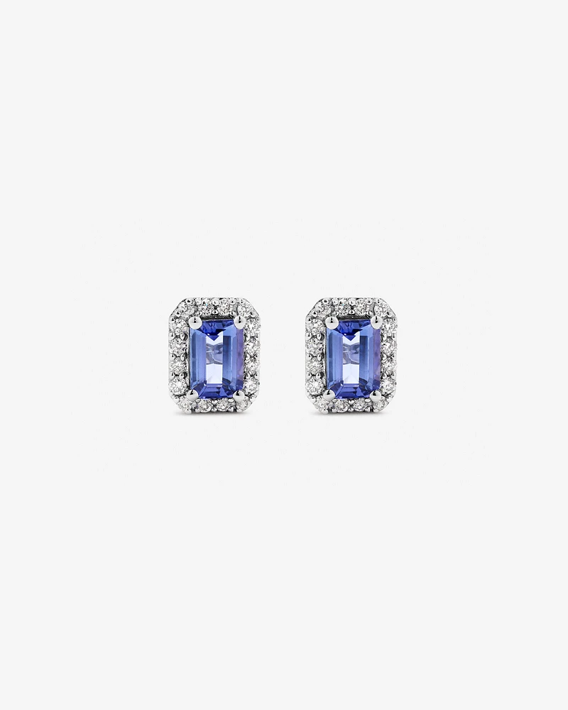 Emerald Cut Blue Tanzanite Gemstone and 0.25Carat TW Diamond Halo Stud Earrings in 14kt White Gold