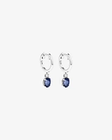 Oval Cut Blue Created Ceylon Sapphire Gemstone and Diamond Drop Huggie Earrings in Sterling Silver