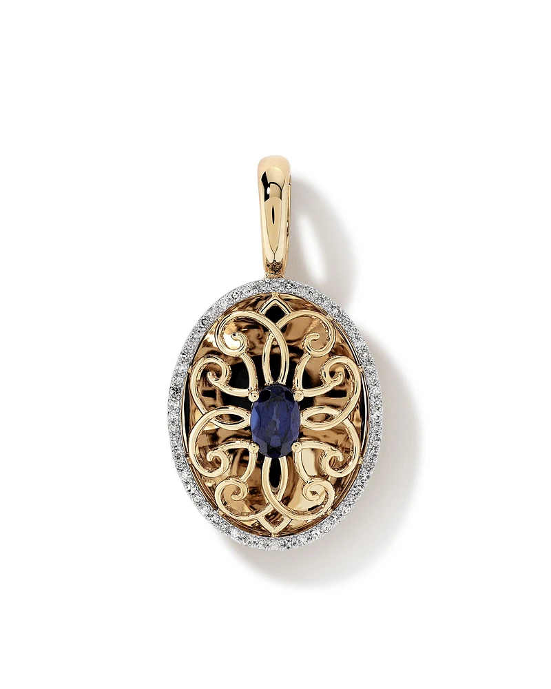 Blue Created Sapphire Gemstone and Diamond Halo Filigree Oval Enhancer Pendant in 10kt Yellow Gold