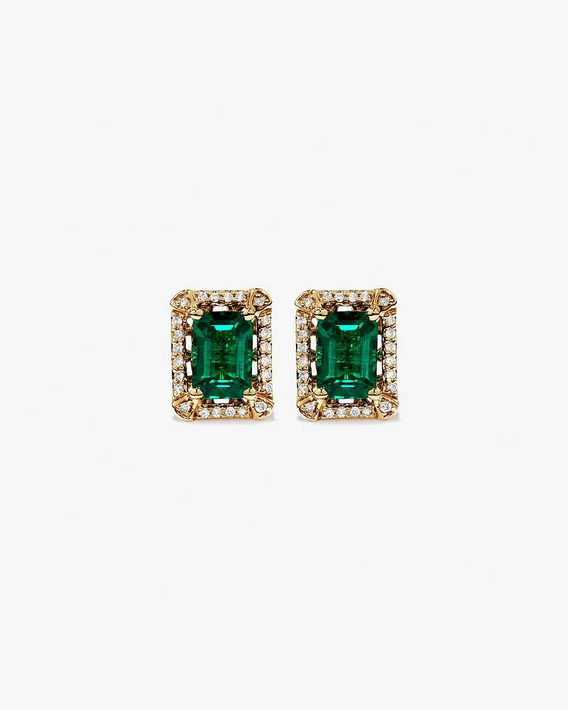 Emerald Cut Created Emerald and Diamond Halo Stud Earrings in 10kt Yellow Gold