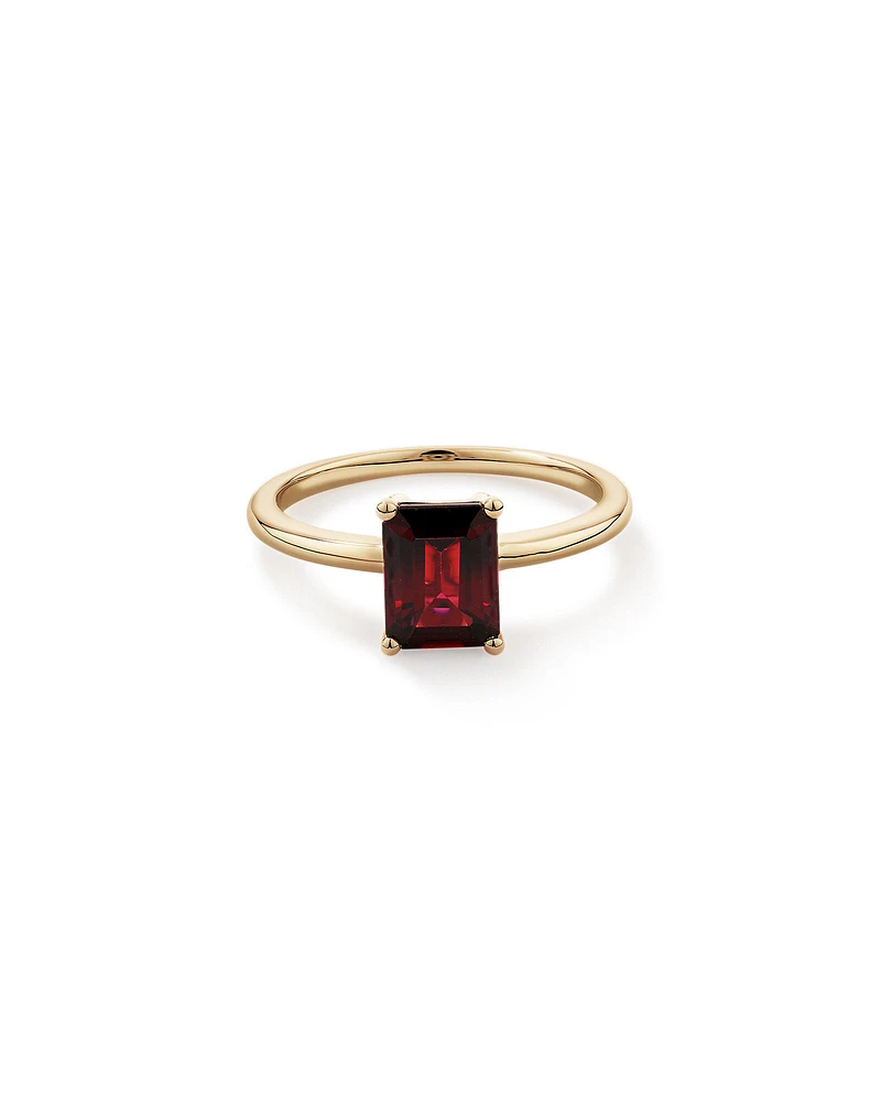 Emerald Cut Red Garnet Gemstone Solitaire Ring in 10kt Yellow Gold