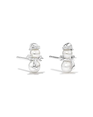 Pearl and Cubic Zirconia Snowman Stud Earrings in Sterling Silver