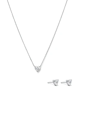 Cubic Zirconia Heart Stud Earrings and Necklace Set in Sterling Silver