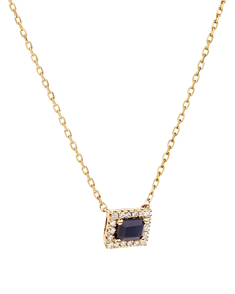 Collier Halo en Pierre Précieuse Saphir Bleu Taille Émeraude et 0,05 Carat TW Diamant en Or Jaune 10 kt