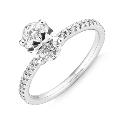 Engagement Ring with 1.14 Carat TW of Diamonds. A 1 Oval Centre Laboratory-Grown Diamond and shouldered by 0.14 Natural Diamonds 14kt White Gold
